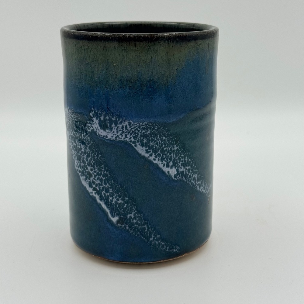 Signed Studio Pottery Ocean Wave Blue Ceramic Vase Utensil Crock